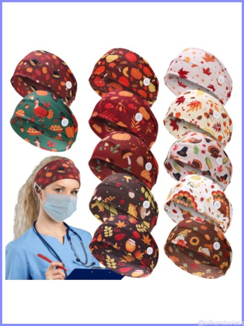 12 Pk Fall Thanksgiving Nurse Headbands with Buttons Polyester Elastic